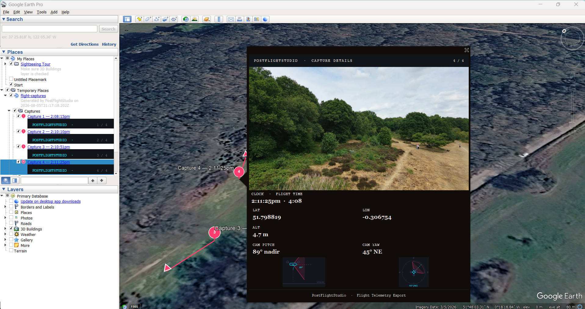 Google Earth Pro telemetry pins with direction markers for Google Earth exports