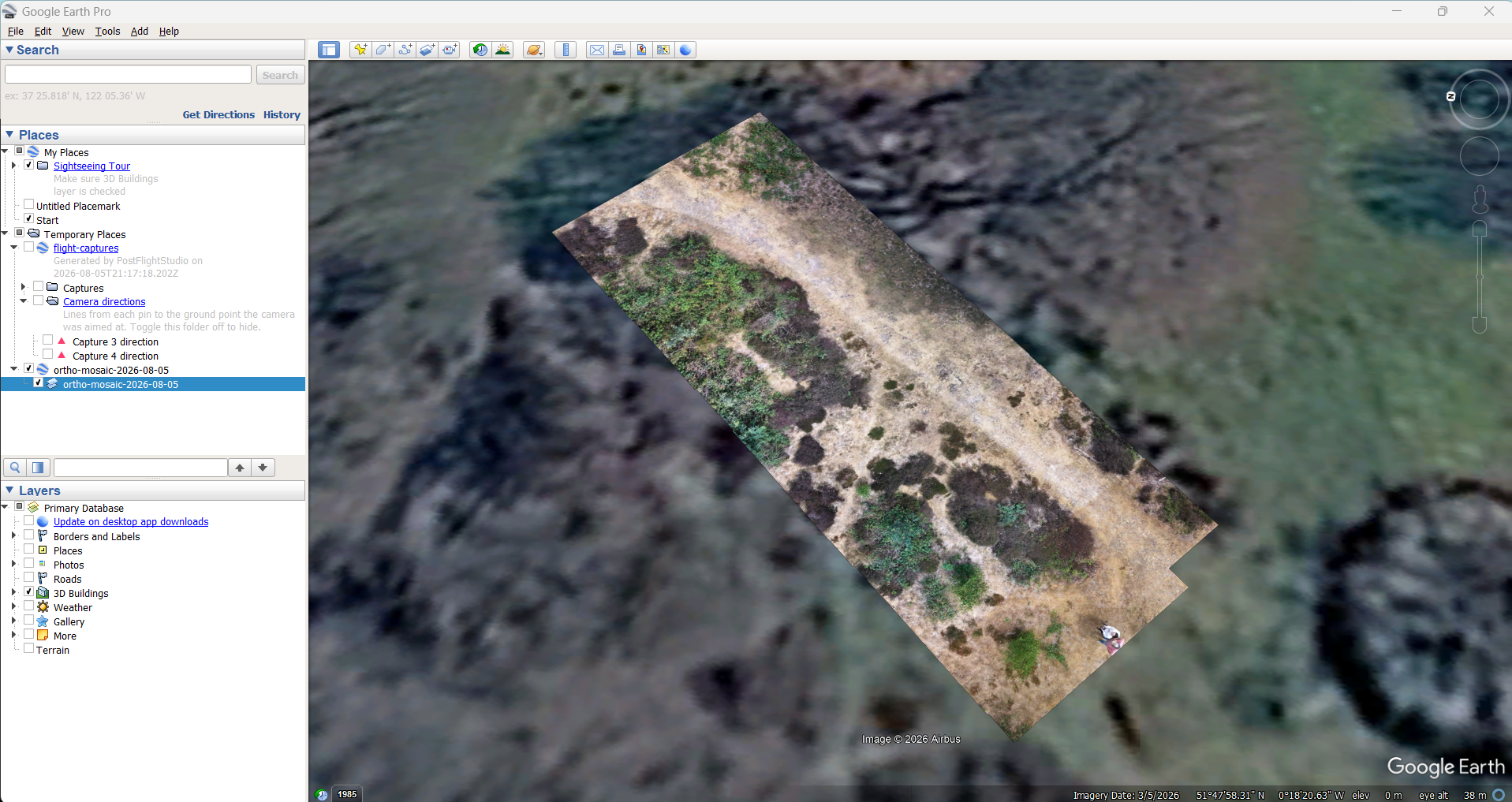 Orthomosaic of lowland heath displayed in Google Earth Pro showing heather stands and habitat boundaries