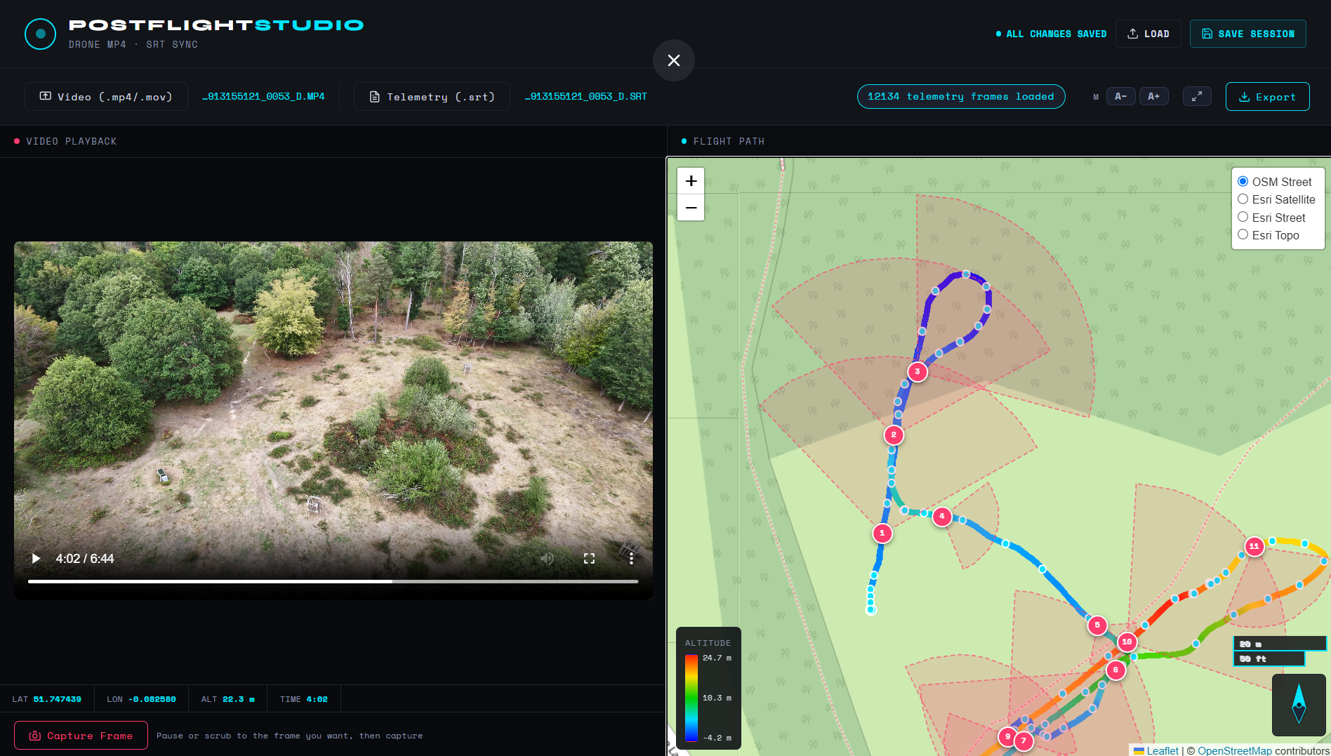 Broxbourne Wood Compartment 6 SSSI dashboard interface showing synchronized video and telemetry map